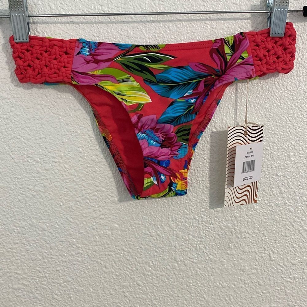 NWT- KikiRio-  Coral tropical print braided bikini bottoms-Size XS